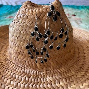 Earrings Dark Black Facet Crystal Silver Tone